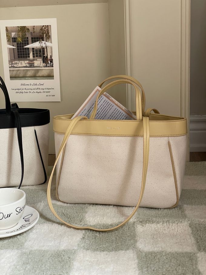 韓國 THEALLY - 經典帆布包手提/肩背包-奶油黃