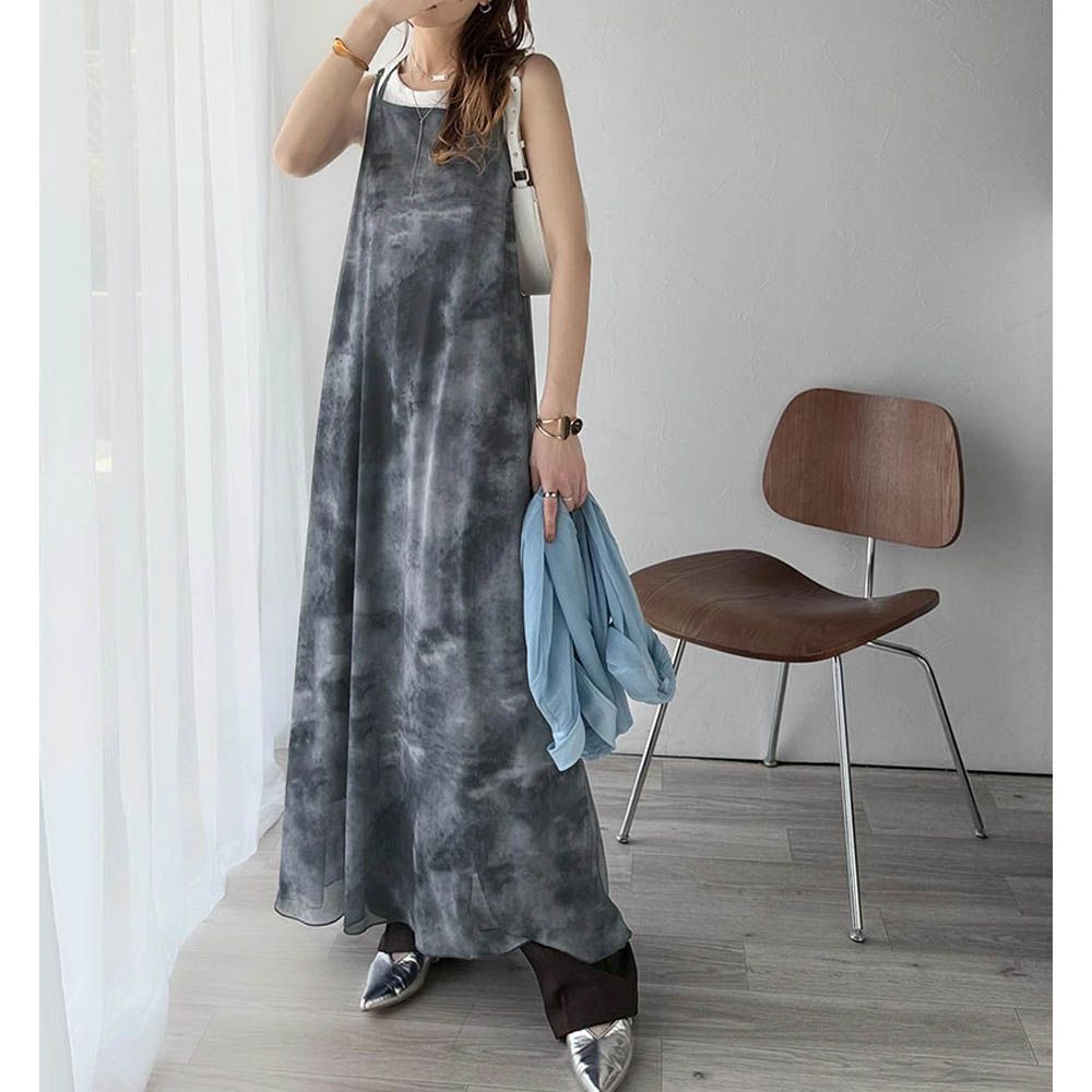 2way奢華薄紗大理石印花吊帶洋裝-深藍