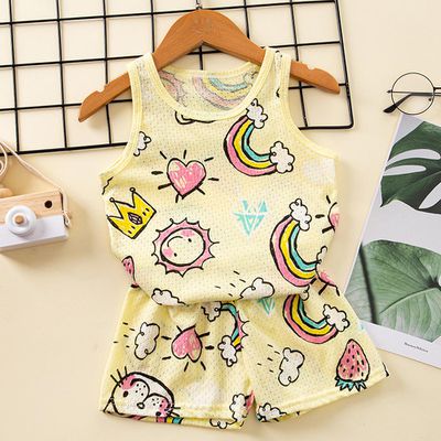 卡通網眼洞洞無袖家居服套裝/空調服-彩虹太陽-黃色