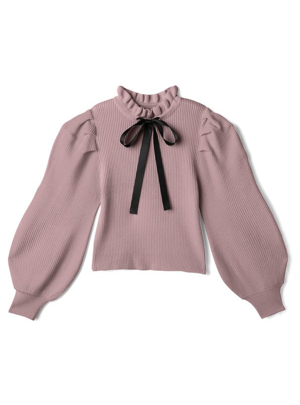 日本 GRL - 甜美扭結木耳領薄針織上衣-淺粉