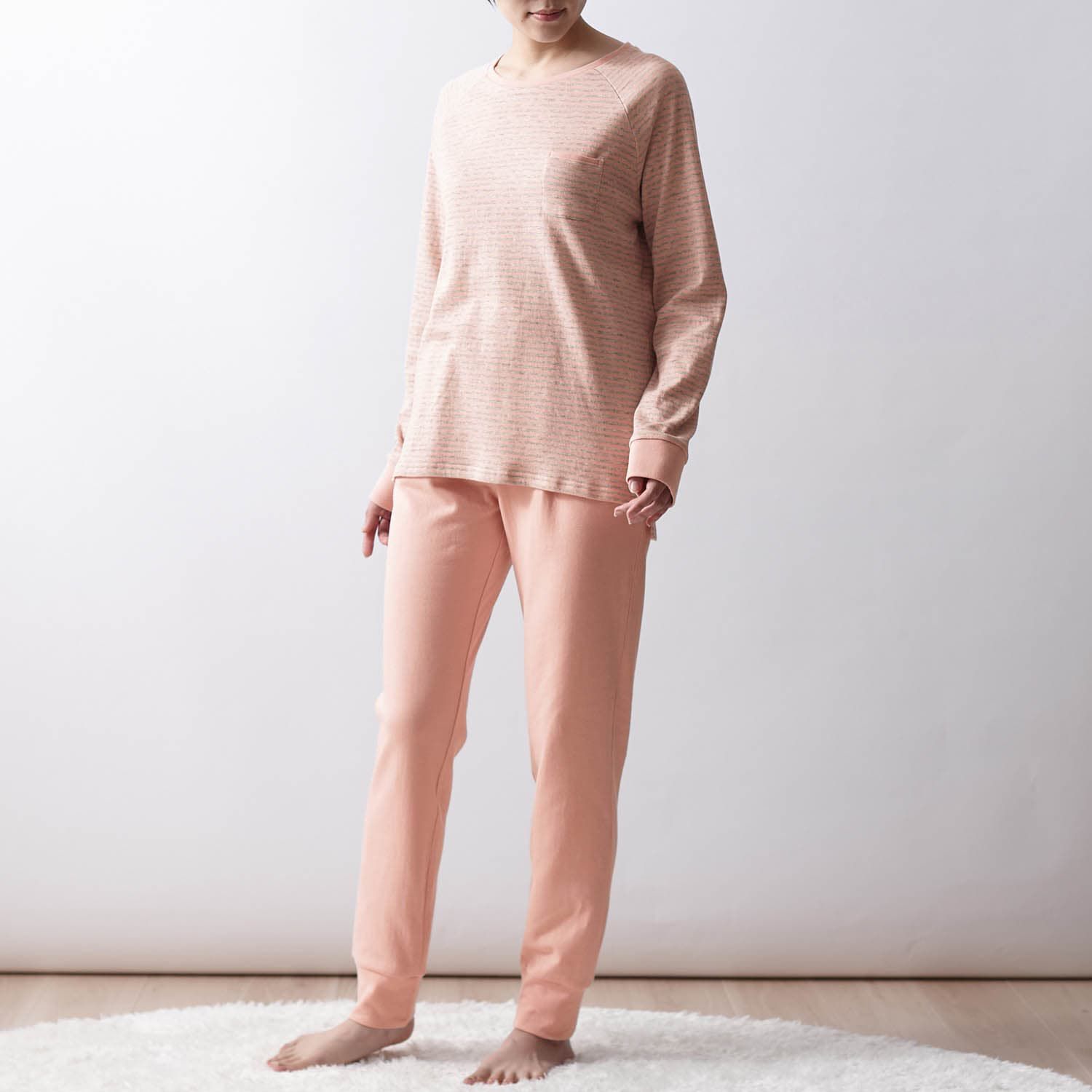 日本千趣會 - 100%棉 舒膚發熱家居服/睡衣-媽媽-條紋橘粉