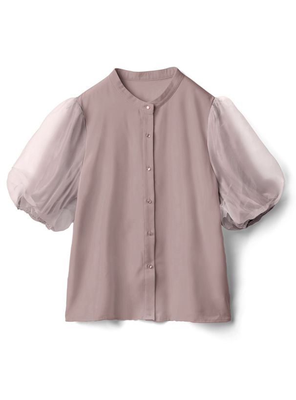 日本 GRL - 微立領薄紗拼接短袖襯衫-煙燻粉 (F)