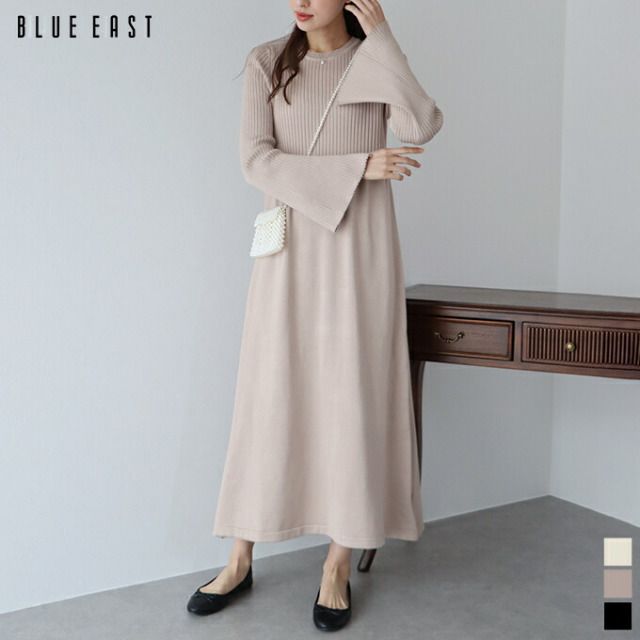 日本 BLUE EAST - 優雅花瓣袖羅紋針織洋裝-粉膚