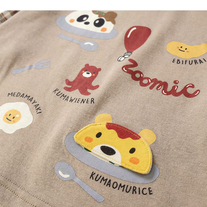 日本 ZOOLAND - 美味印花格紋拼接長袖上衣-卡其