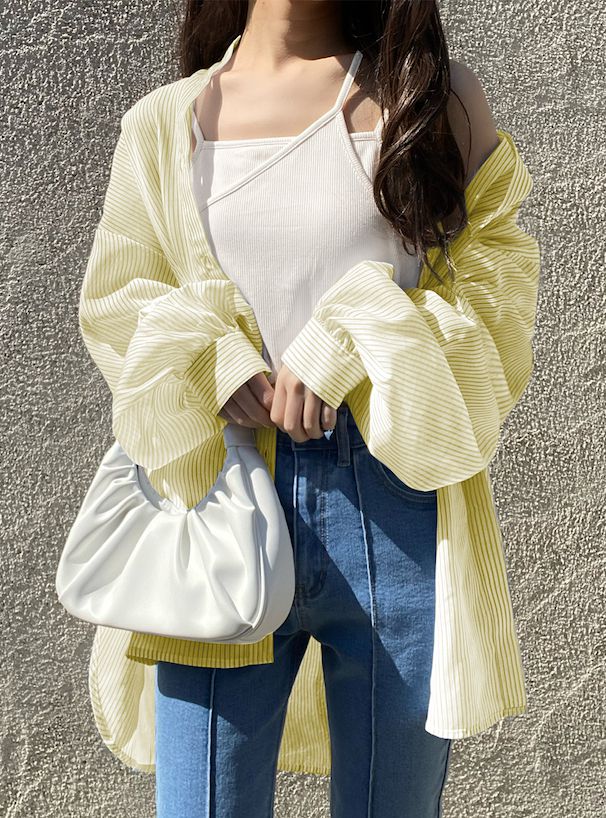 日本 GRL - 店員推薦 微透膚翻領長袖襯衫-直條紋-櫻花粉 (F)