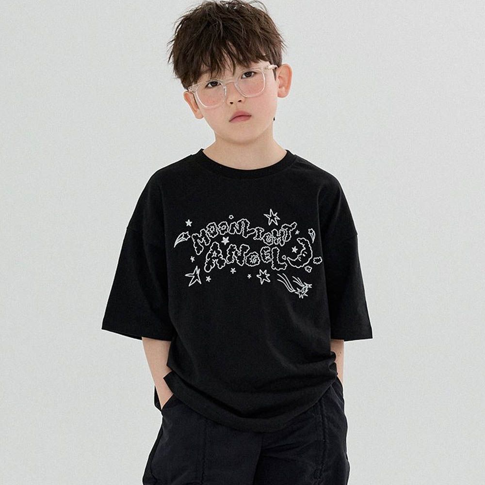 童話雲朵字印寬鬆短袖上衣-黑