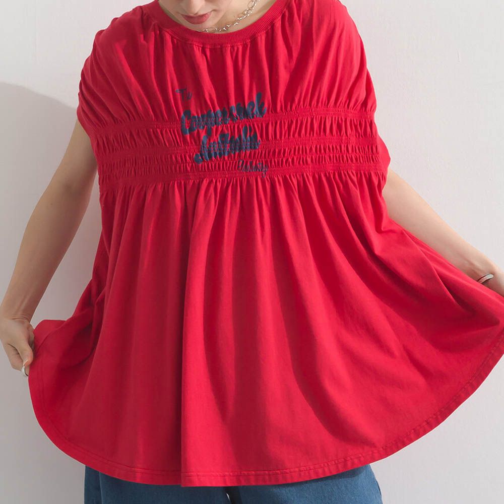 清爽天竺棉落肩皺摺短袖上衣-紅