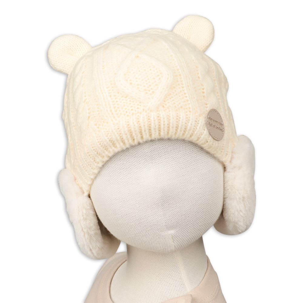 小熊針織帽-刷毛耳罩-米白色
