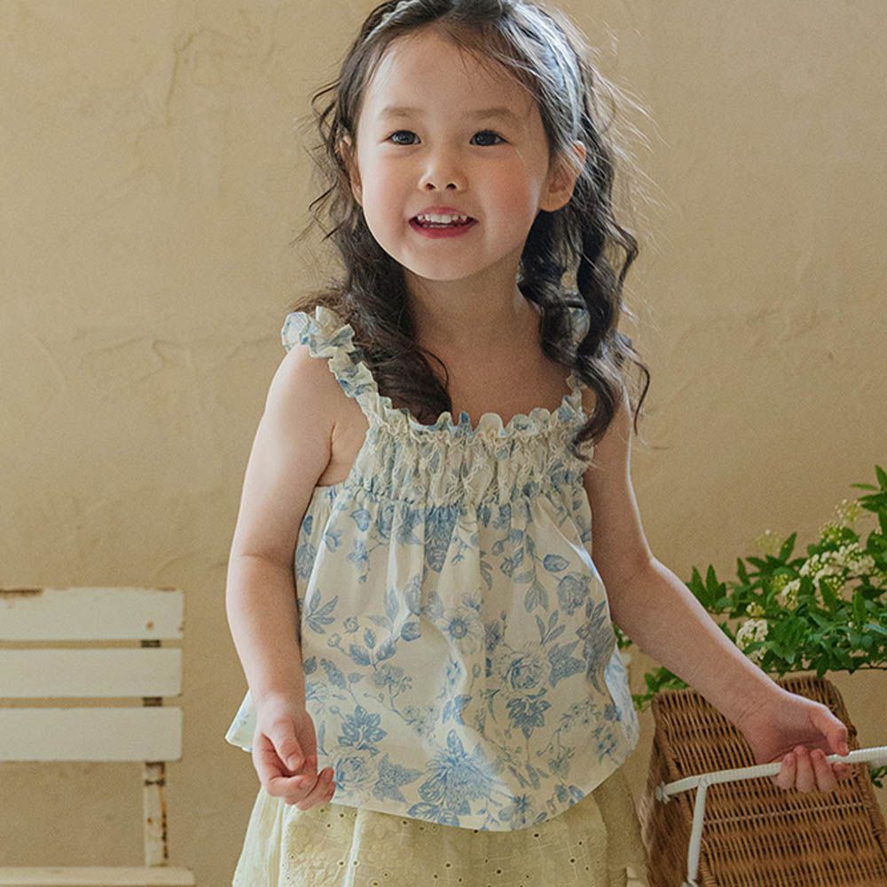 古典花紋網紗點綴造型肩帶上衣-藍