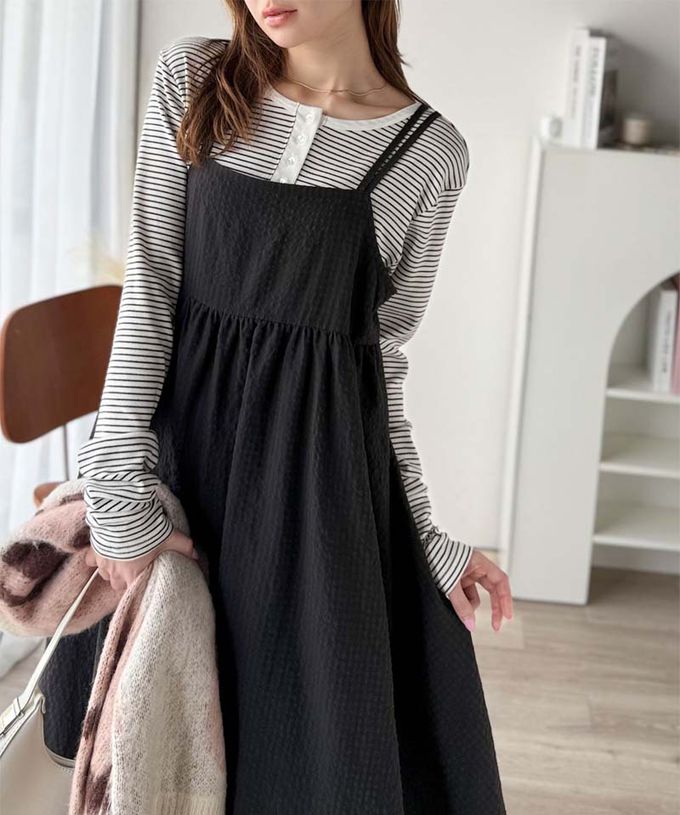 日本 Classical Elf - 成熟可愛感後綁帶吊帶洋裝-格子-灰黑