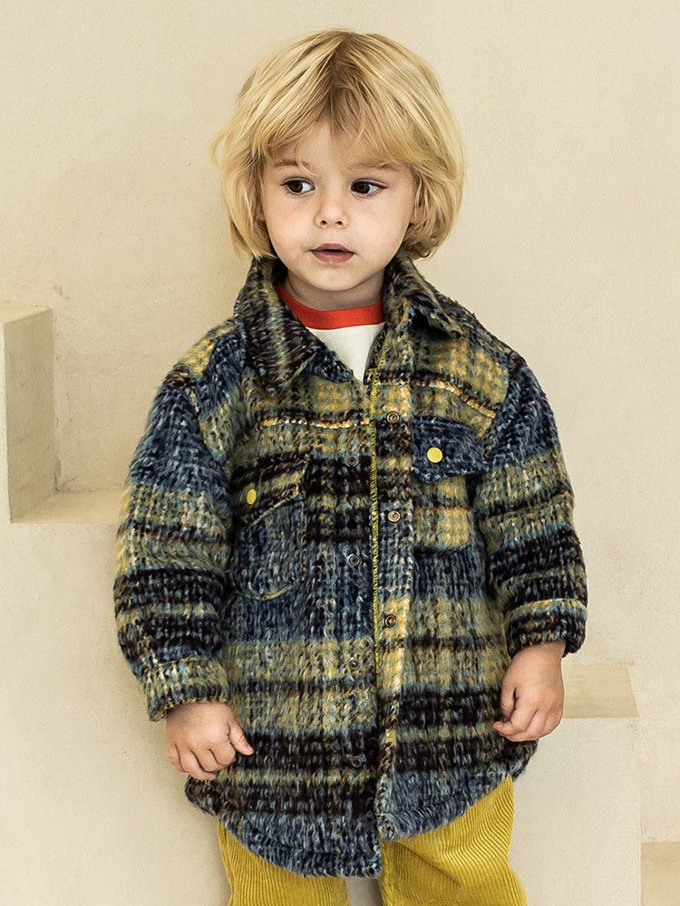 韓國Pimpollo - 藍格紋襯衫型保暖外套-黃