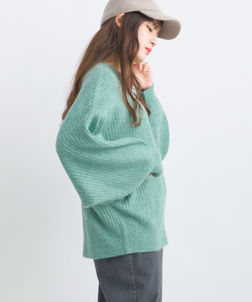 日本女裝代購 - 大寬袖圓領混色針織上衣-米黃