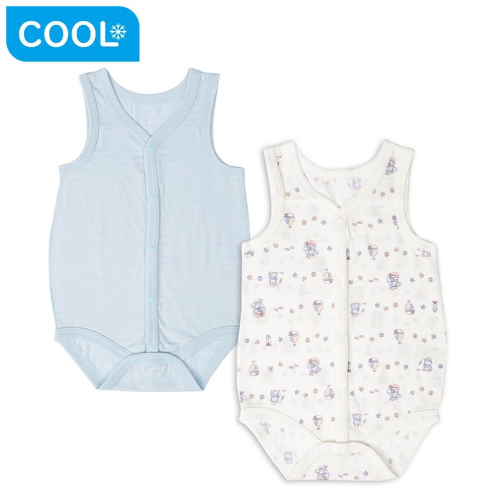 短袖包屁衣2件組涼爽純棉-前開式 企鵝-淺藍色