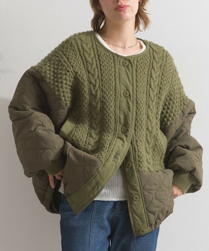 日本 Lupilien - 立體麻花絎縫拼接無領保暖外套-象牙