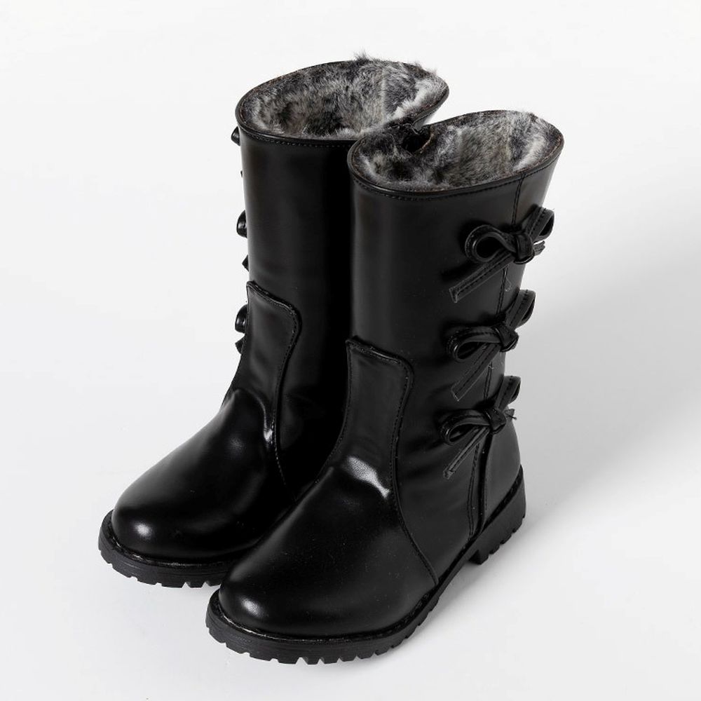 (內刷毛)質感蝴蝶結裝飾中筒皮靴-黑
