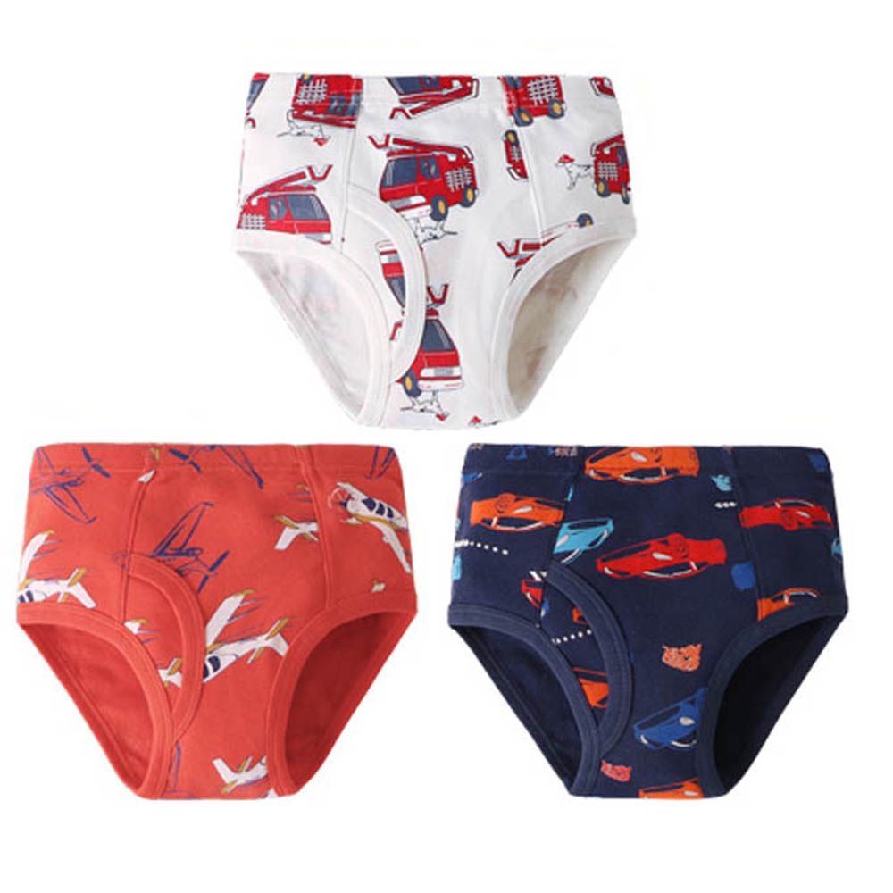 [人氣No.1]純棉透氣男孩內褲(3入)-飛機x賽車x消防車-紅藍白