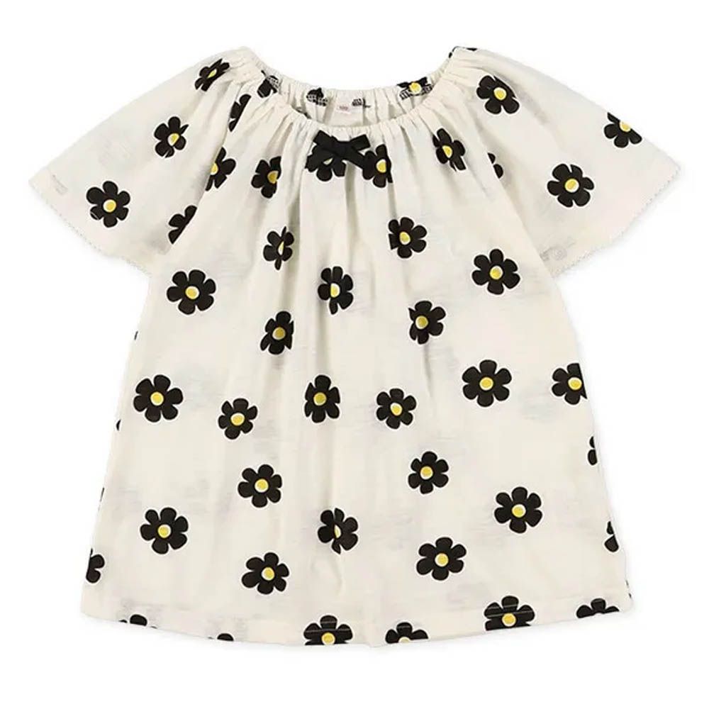 彈性領口女孩印花短袖上衣-大花朵-象牙白