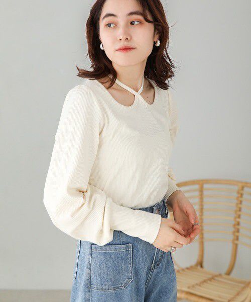 日本 Bab - 2WAY氣質綁帶羅紋泡泡袖上衣-米杏