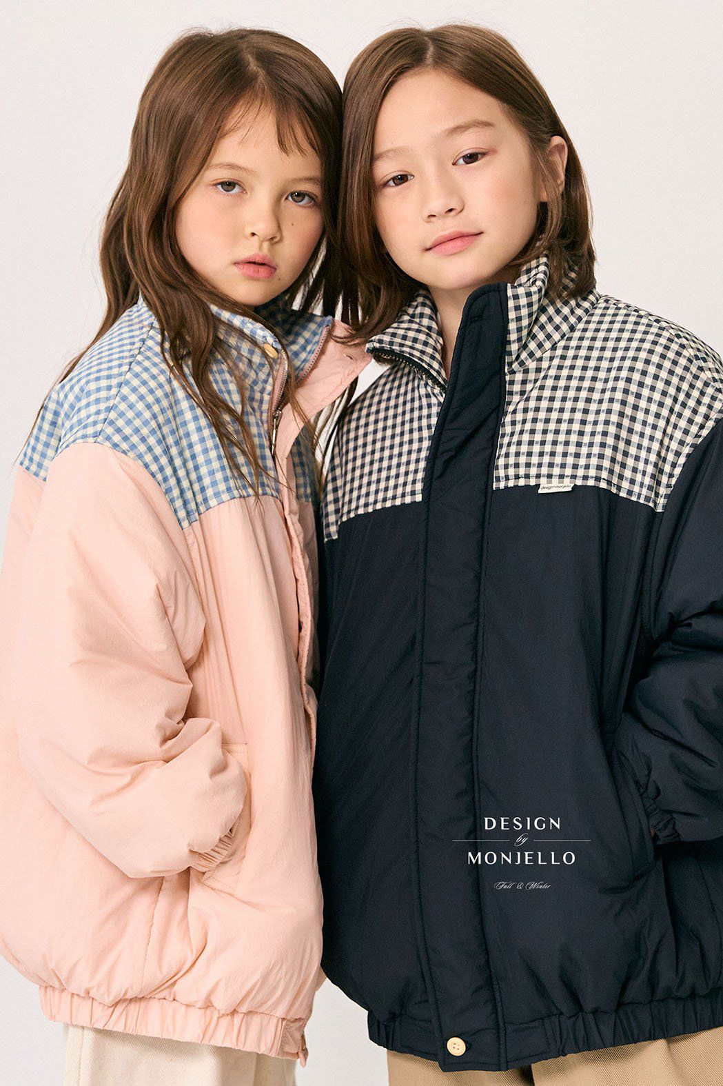 韓國 MONJELLO - 格子點綴拉鍊立領鋪棉外套-粉