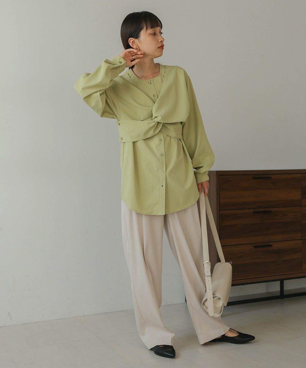 日本 Bab - 時尚扭結設計長袖襯衫-淺綠