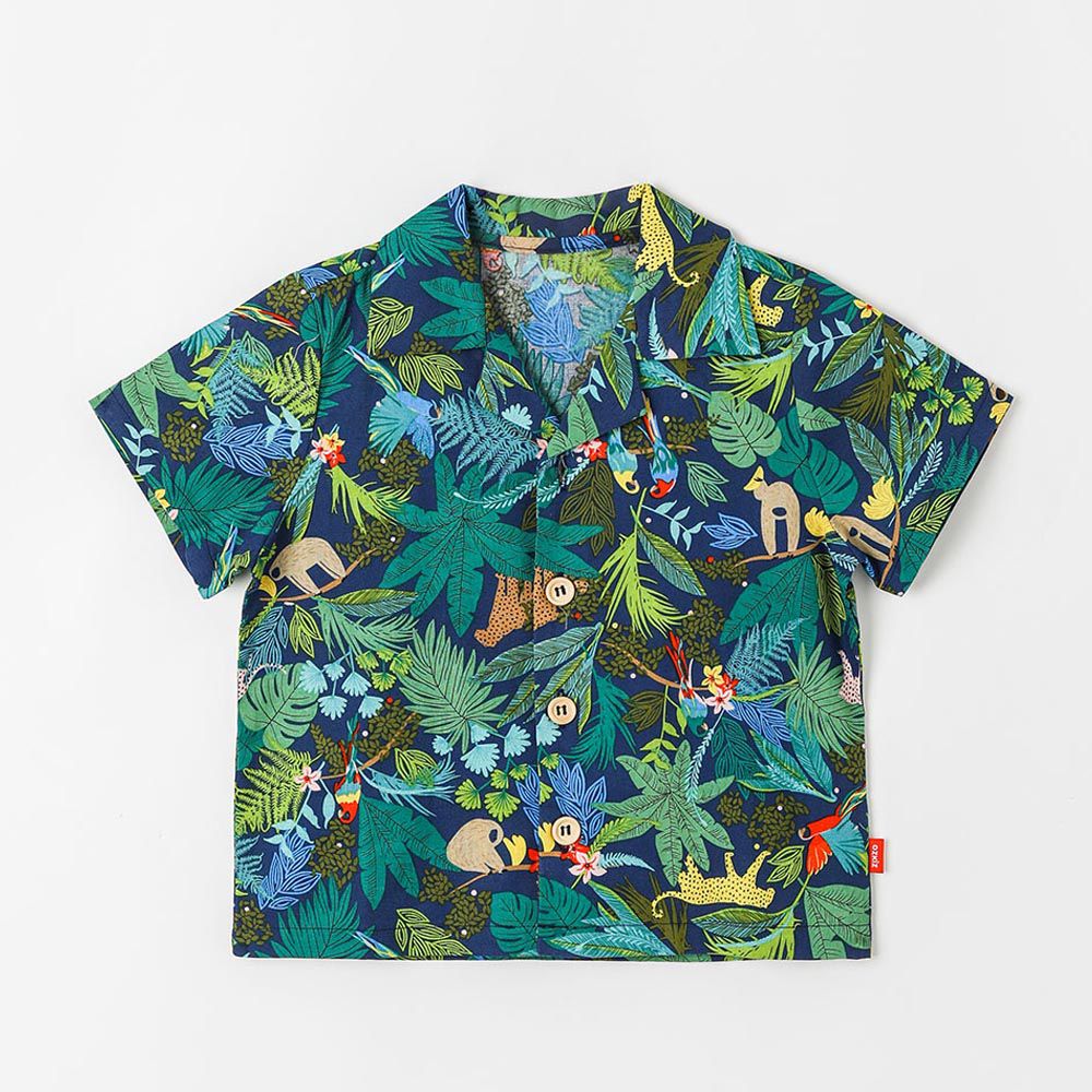 韓國 OZKIZ - 熱帶叢林動物印短袖襯衫-深藍X綠
