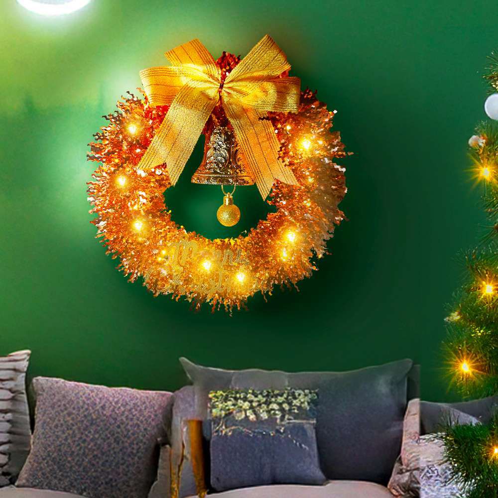 11吋優雅香檳玫金系金蔥彎絲聖誕花圈+20燈LED暖白光燈串_本島免運費