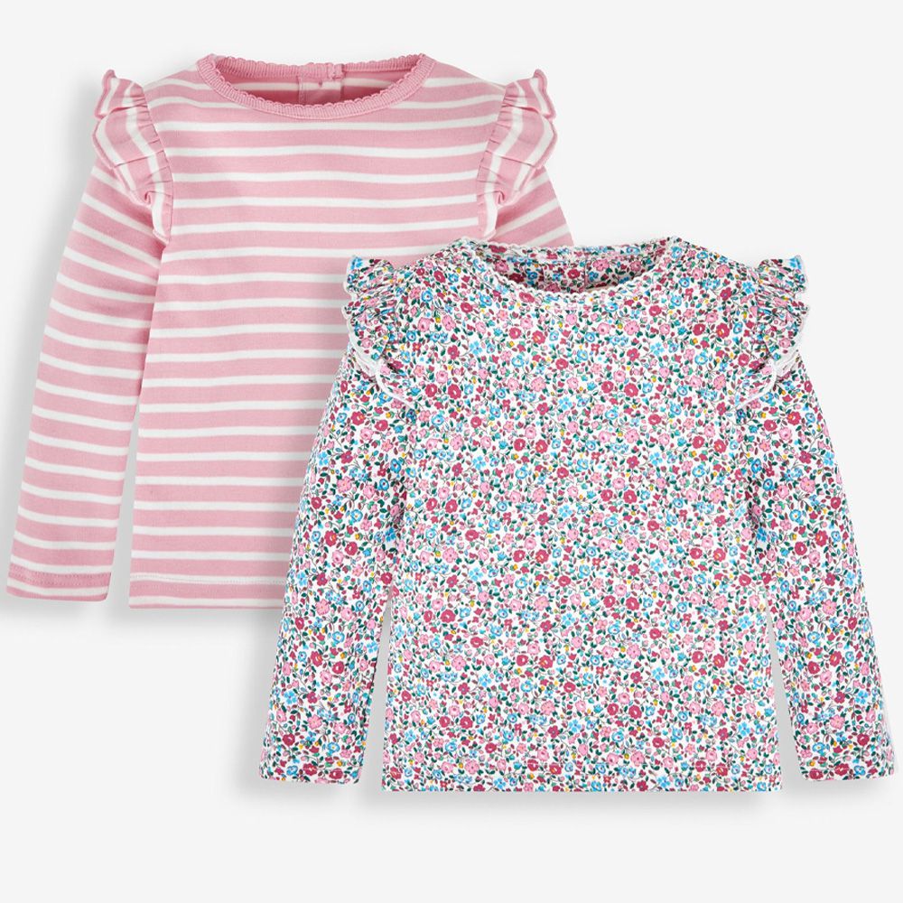 英國 JoJo Maman BeBe - 幼/兒童100%純棉長袖上衣 2 件組(可當內搭)-粉色碎花