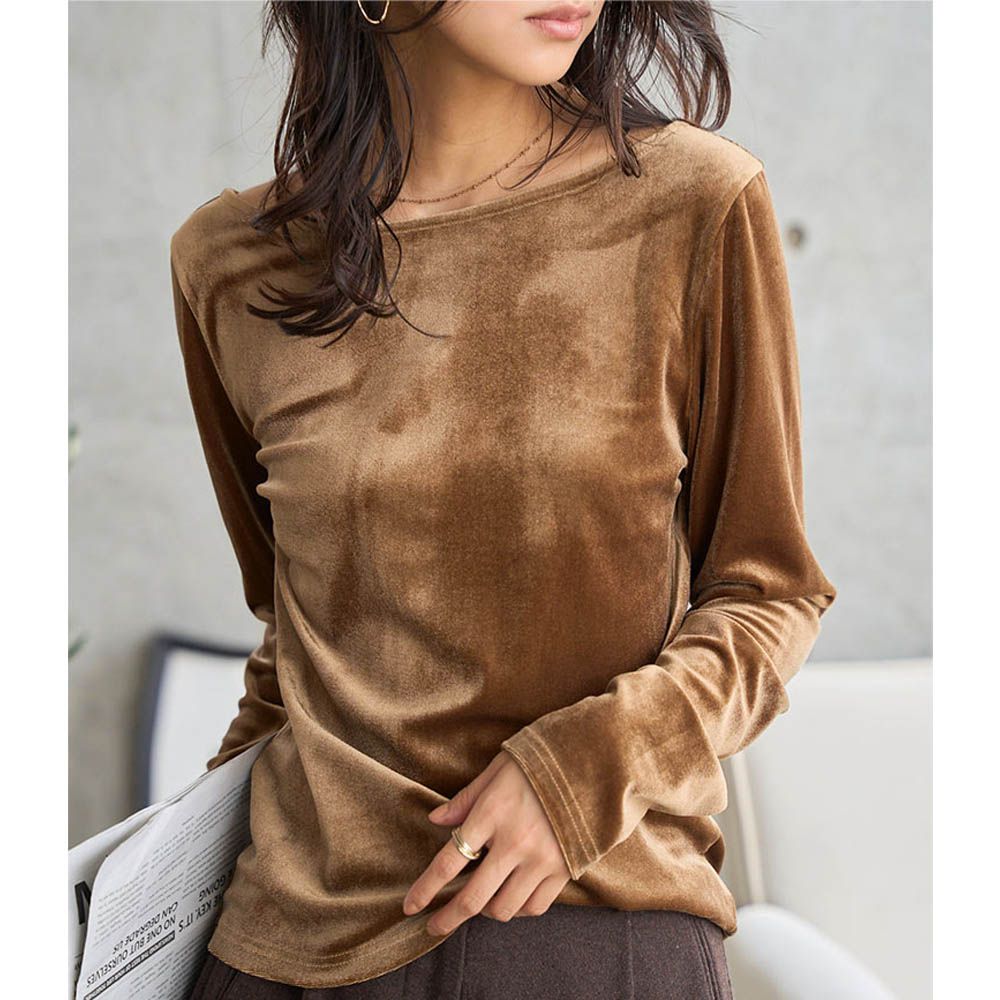 華麗天鵝絨露背合身長袖上衣-焦糖棕