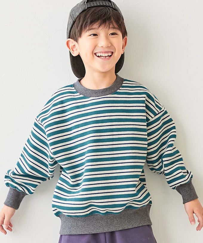 日本 devirock - 裏起毛 百搭條紋大學長袖上衣-灰黑