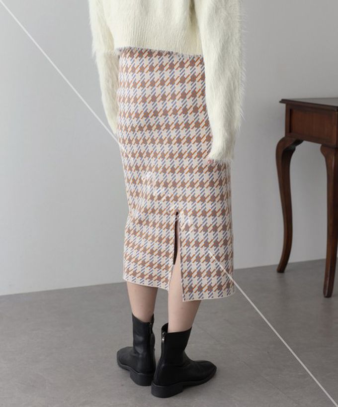 日本 BLUE EAST - 氣質千鳥格針織開叉合身長裙-黑灰