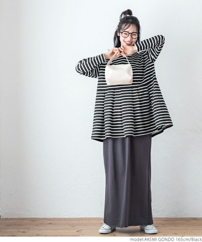 日本 COCA - 橫條紋縮腰傘狀長袖上衣-黑底白條