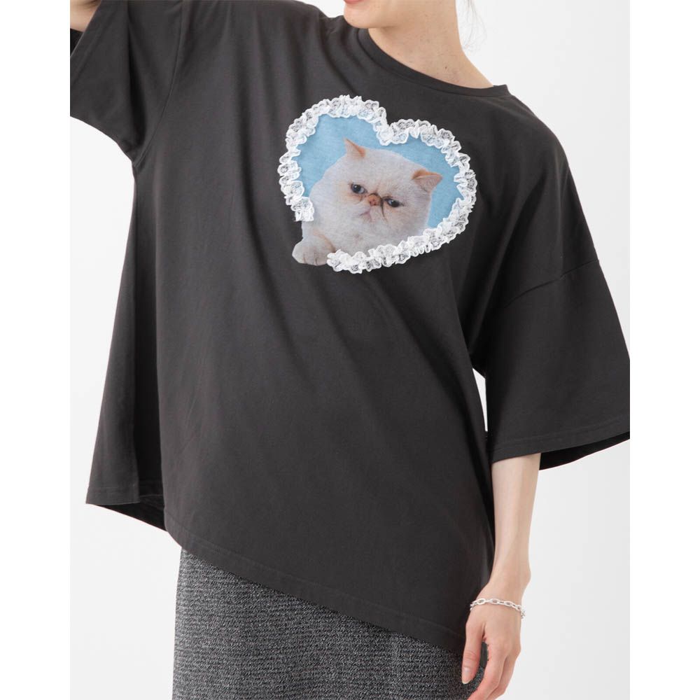 厭世貓咪愛心蕾絲寬大風短袖T恤-藍貓-炭黑