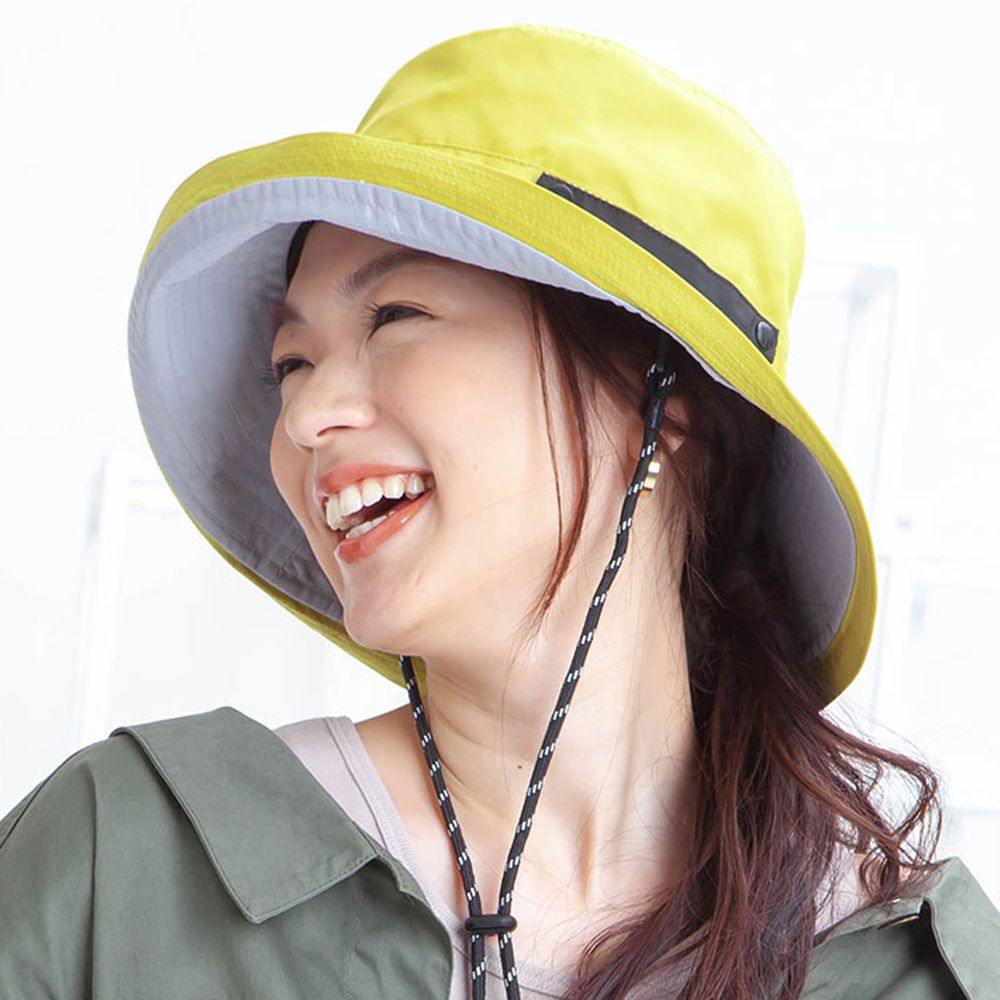日本 irodori - 抗UV可捲收防潑水遮陽帽(附防風帽帶)-大人款-黃x灰內裏
