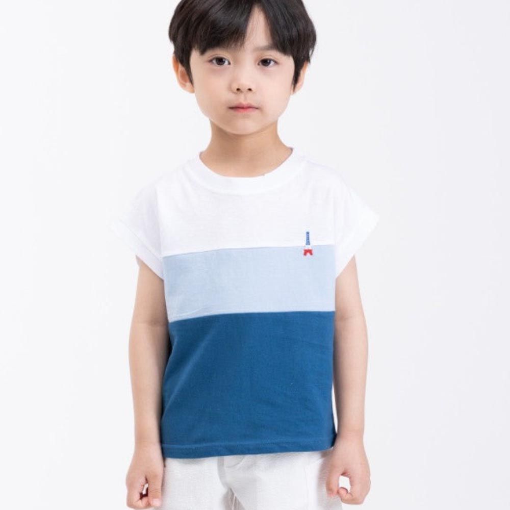 韓國 Coco Bang - 鐵塔裝飾拼色短袖上衣-白X藍