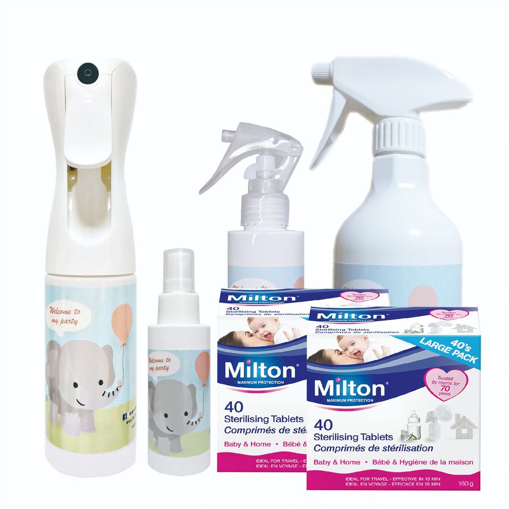 英國 米爾頓 Milton - 全面防護組-消毒錠40入/盒*2+大象輕巧瓶188ml+噴霧瓶500ml+150ml+60ml