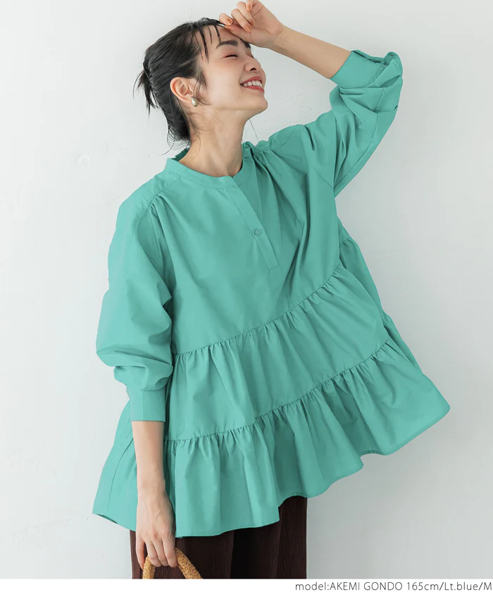 日本 COCA - 氣質蛋糕層次長袖上衣-經典黑