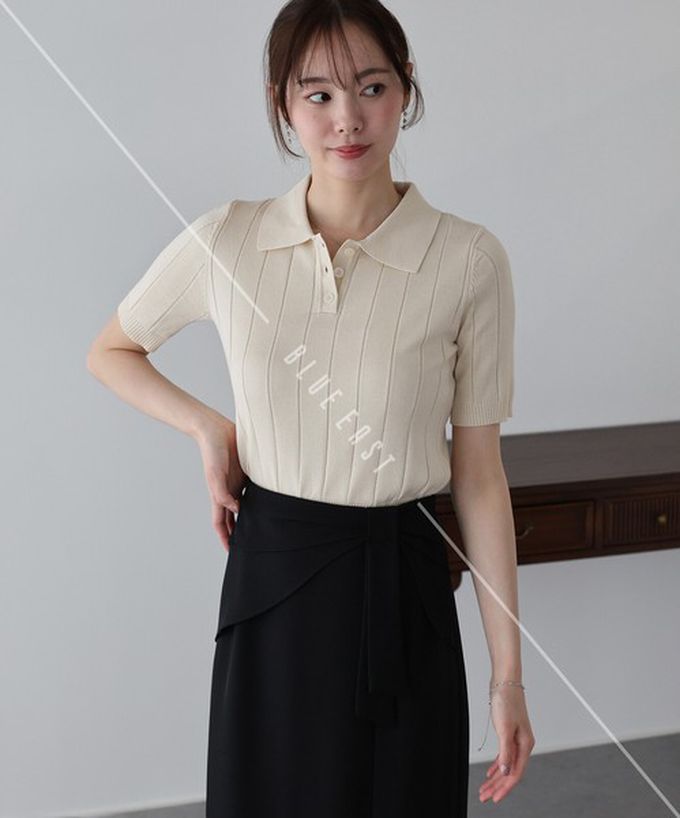 日本 BLUE EAST - 都會氣息寬羅紋針織短袖polo衫-米杏