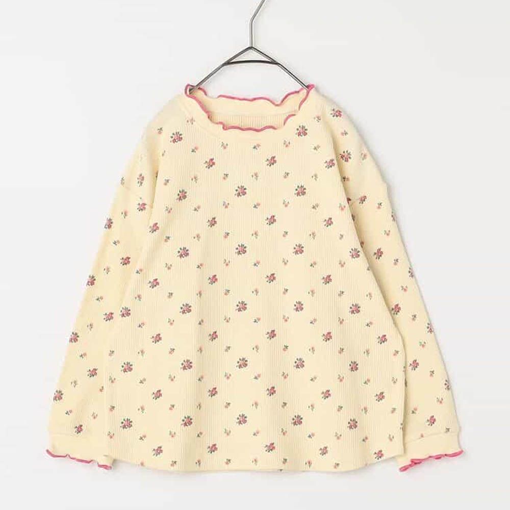 華夫格木耳邊設計感印花長袖上衣-小花-奶白