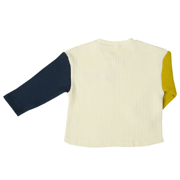 akachan honpo - 長袖裏起毛華夫格T恤-撞色袖-象牙白色