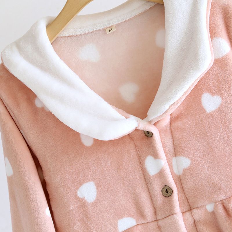 法蘭絨暖暖長袖連身睡衣-愛心-粉色