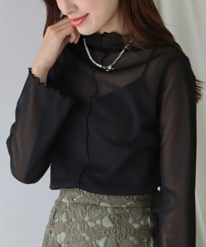 日本 BLUE EAST - 百搭木耳捲邊長袖上衣-白杏