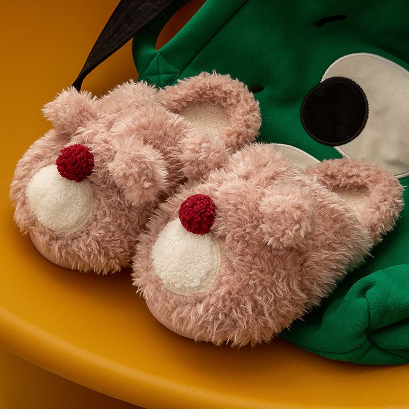 毛毛保暖室內拖鞋-小熊-卡其色