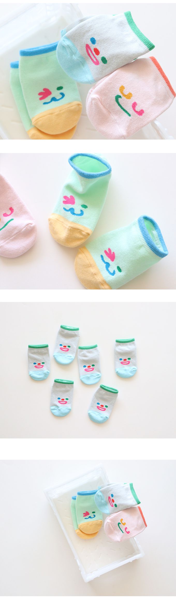 韓國 Kokacharm - 兒童短襪/襪子三入組-笑臉-藍綠X粉橘