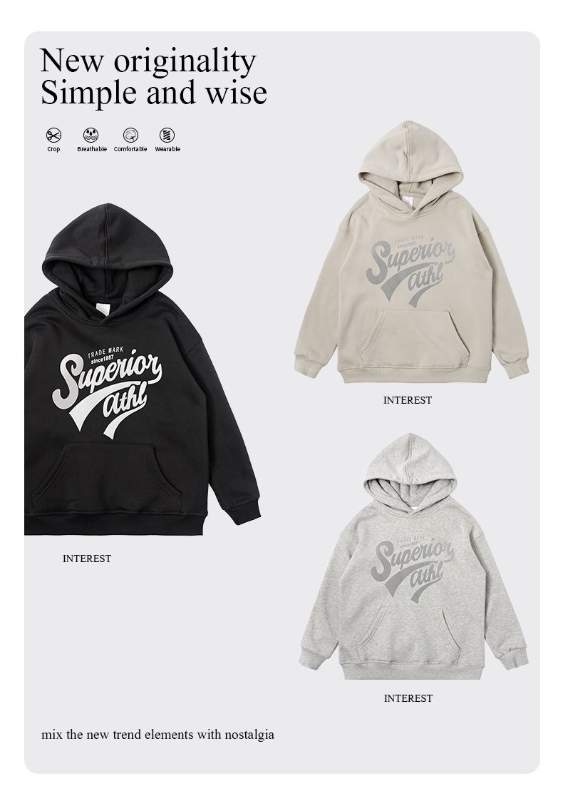 加絨連帽長袖大學T-英文字母-灰色