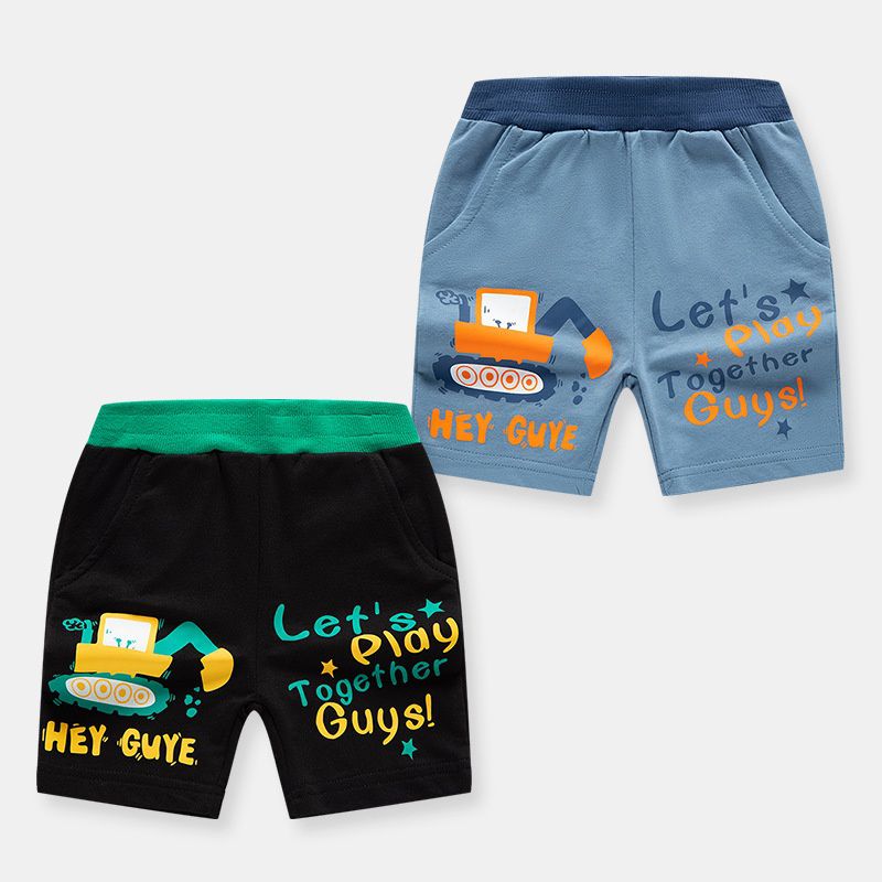 BE TOP - 純棉休閒短褲-挖掘機-霧藍色