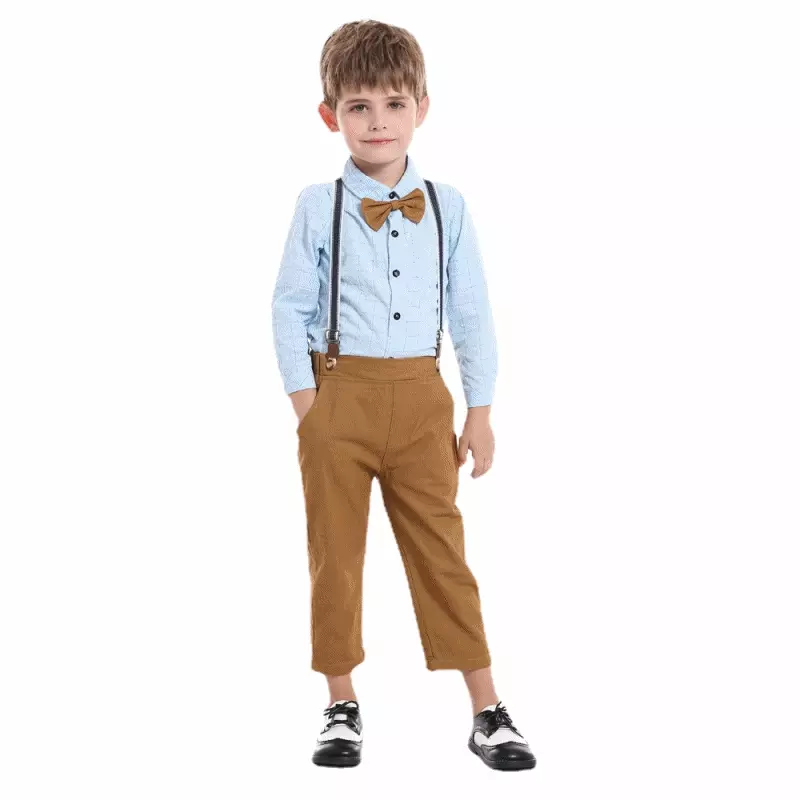 條紋小紳士長袖套裝-淺綠色