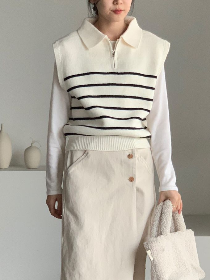 韓國女裝連線 - 拉鍊翻領條紋針織背心-米白 (FREE)