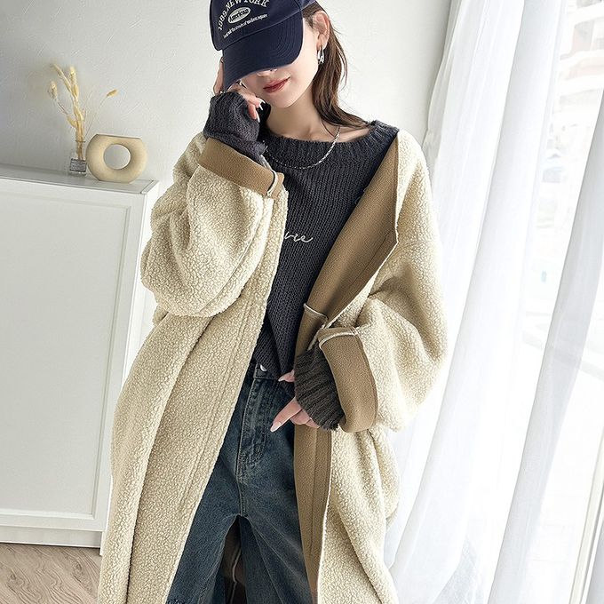 日本 Classical Elf - 溫暖毛呢休閒感無領長版外套-摩卡