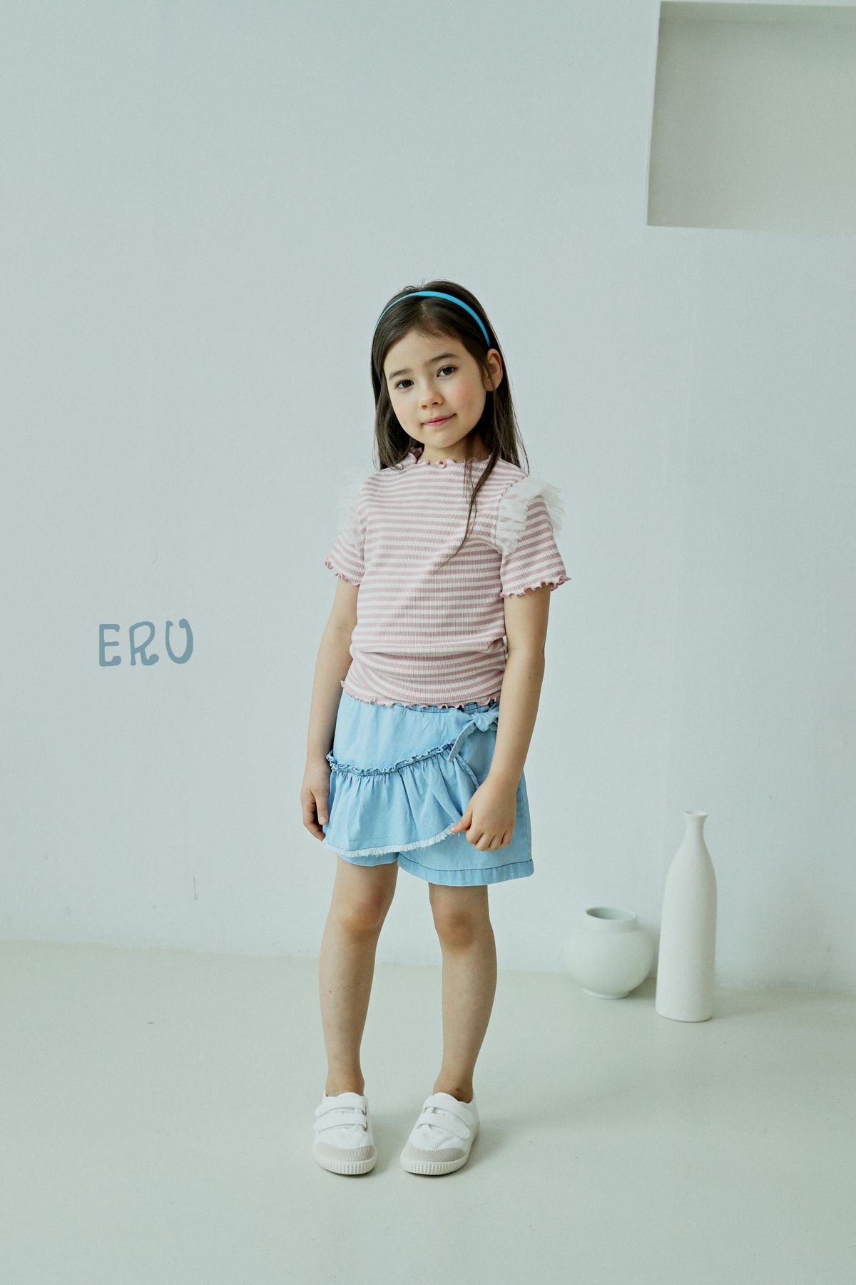 韓國 ERU - 網紗裝飾袖條紋T-紫