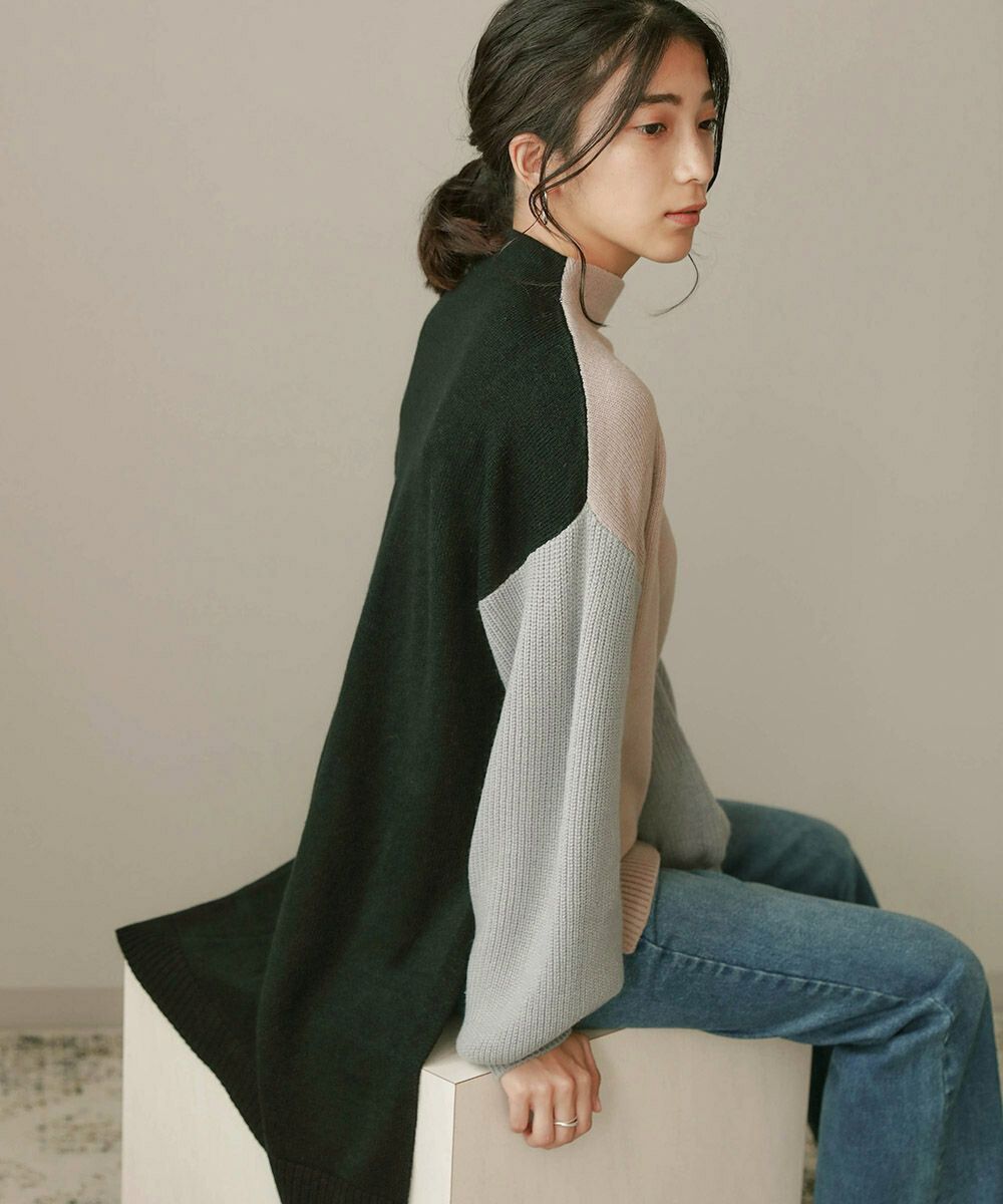 日本 Bou Jeloud - 撞色拼接前短後長立領針織毛衣-黑杏焦糖